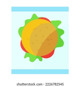 Hamburger in an open box isolated on white background. Colorful junk food package. Cartoon vector illustration. Fast food, plastic, product package concept