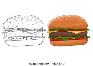 Hamburger. Outline and colored illustration. Vector isolated on white background
