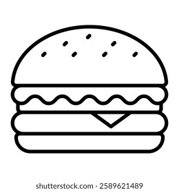 Hamburger outline icon, with its layers of bun, patty, cheese, and vegetables.  Ideal for projects related to restaurants, diners, or food-related apps.