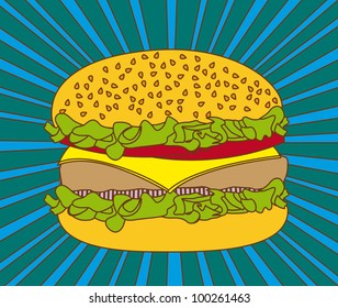 hamburger over blue background, pop art. vector illustration