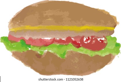 hamburger painted with a watercolor in the vector children's style with tomato cheese and herbs on a white background