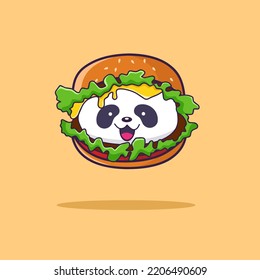 Hamburger Panda Vector Illustration. Burger Combination With Panda's Head. Animal Food Icon Concept Isolated Premium Vector. Flat Cartoon Style