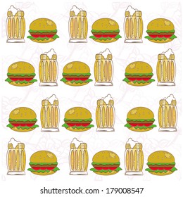 Hamburger patron accompanied by glasses of frothy beer