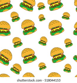 Hamburger pattern.Hamburger a white background.Hamburger vector illustration. For design, wallpaper, logo, icon, menu, restaurant, cafe, kitchen, birthday, holiday.Hamburger isolated. Burger icon.