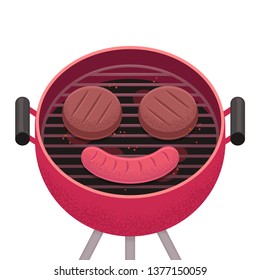 Hamburger patties and sausage in shape of smiley face on barbecue grill. BBQ food in flat cartoon style with texture, isolated vector illustration.