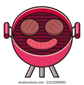 Hamburger patties and sausage in shape of smiley face on barbecue grill. BBQ food in flat cartoon icon style, isolated vector clip art illustration.