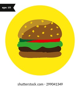 Hamburger with pickles, salad, slice of tomato with meat icon in on yellow circle. Vector and illustration design.