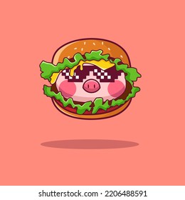 Hamburger Pig Vector Illustration. Burger Combination With Pig's Head. Animal Food Icon Concept Isolated Premium Vector. Flat Cartoon Style