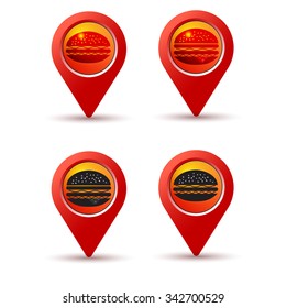 Hamburger pin on the map. Line icons for application development, creative process.