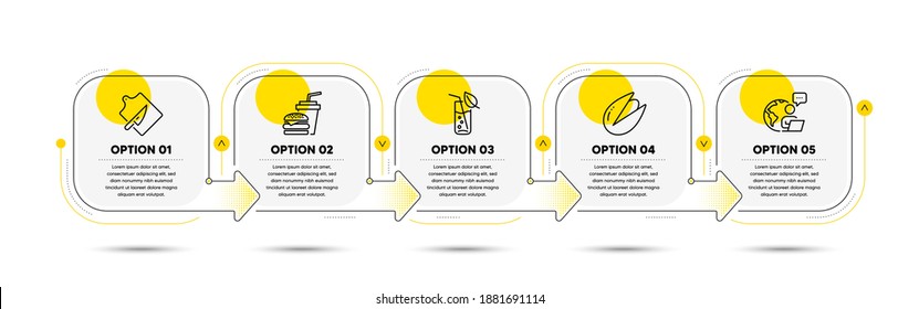 Hamburger, Pistachio nut and Cutting board line icons set. Timeline process flowchart. Water glass sign. Burger with drink, Vegetarian food, Knife. Soda drink. Food and drink set. Vector