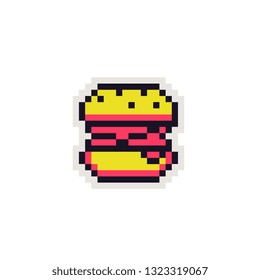 Hamburger pixel art icon. Design for stickers, logo fast food, mobile app, badges and patches, 8-bit sprite. Isolated on white background vector illustration.