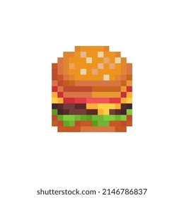 Hamburger Pixelkunstsymbol. Design für Aufkleber, Logo Fast Food, mobile App, Abzeichen und Patches, 8-Bit-Sprite. Einzeln auf weißem Hintergrund, Vektorgrafik.