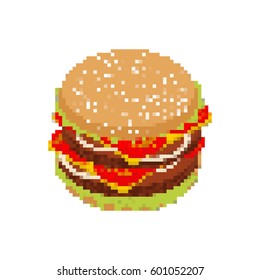 Hamburger pixel art. pixelated Fast food isolated on white background. Fresh burger
