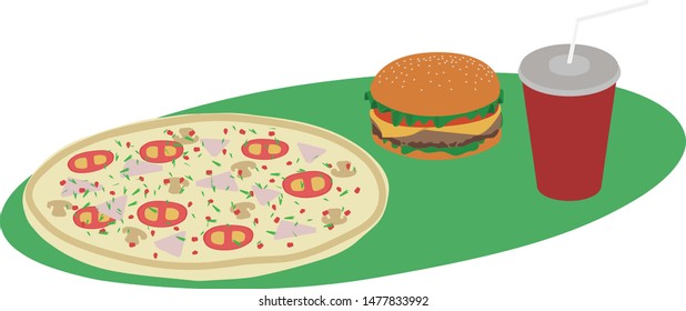 hamburger pizza and drink on a background of green oval