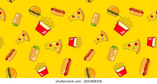 Hamburger, pizza, hot dog, french fries seamless pattern. Vector background for design. Food concept.
