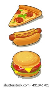 Hamburger, pizza, hotdog. Set fast food with shadow. Vector isolated flat illustration for poster, menus, brochure, web and icon for fastfood.