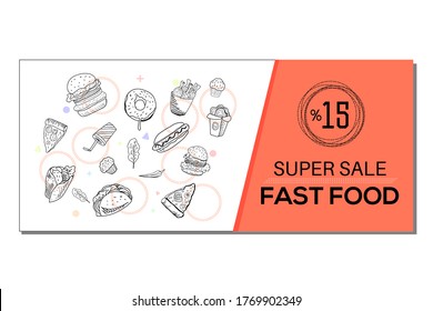 Hamburger, pizza, pepper, french fries, chicken fries, donut, cake, sandwich, cola. Fast food on the white background. 15% advertisement poster design for restaurant, blog, magazine.