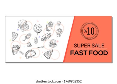 Hamburger, pizza, pepper, french fries, chicken fries, donut, cake, sandwich, cola. Fast food on the white background. 10% advertisement poster design for restaurant, blog, magazine.