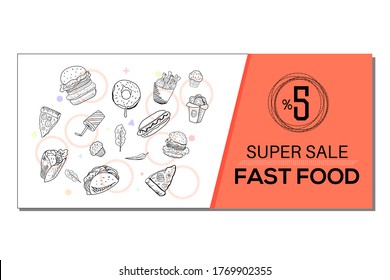 Hamburger, pizza, pepper, french fries, chicken fries, donut, cake, sandwich, cola. Fast food on the white background. 5% advertisement poster design for restaurant, blog, magazine.