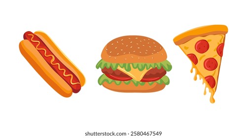 Hamburger, pizza slice and hot dog Vector set of fast food products isolated on white background