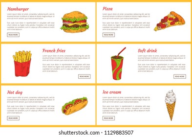 Hamburger and pizza slice with sausages cheese. French fries in package and soft drink in cup with straw. Hot dot and ice cream vector illustration
