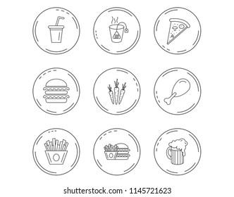 Hamburger, pizza and soft drink icons. Beer, tea bag and chips fries linear signs. Chicken leg, carrot icons. Linear Circles web buttons with icons. Vector