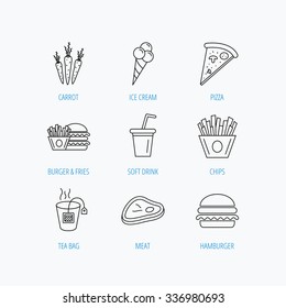 Hamburger, pizza and soft drink icons. Tea bag, meat and chips fries linear signs. Ice cream, carrot icons. Linear set icons on white background.