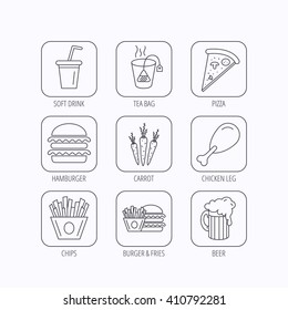 Hamburger, pizza and soft drink icons. Beer, tea bag and chips fries linear signs. Chicken leg, carrot icons. Flat linear icons in squares on white background. Vector