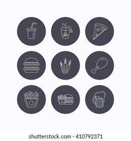 Hamburger, pizza and soft drink icons. Beer, tea bag and chips fries linear signs. Chicken leg, carrot icons. Flat icons in circle buttons on white background. Vector