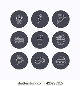 Hamburger, pizza and soft drink icons. Tea bag, meat and chips fries linear signs. Ice cream, carrot icons. Flat icons in circle buttons on white background. Vector