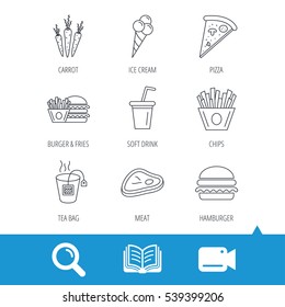 Hamburger, pizza and soft drink icons. Tea bag, meat and chips fries linear signs. Ice cream, carrot icons. Video cam, book and magnifier search icons. Vector