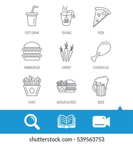 Hamburger, pizza and soft drink icons. Beer, tea bag and chips fries linear signs. Chicken leg, carrot icons. Video cam, book and magnifier search icons. Vector