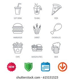 Hamburger, pizza and soft drink icons. Beer, tea bag and chips fries linear signs. Chicken leg, carrot icons. New tag, shield and calendar web icons. Download arrow. Vector