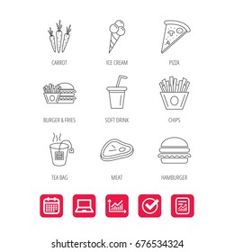 Hamburger, pizza and soft drink icons. Tea bag, meat and chips fries linear signs. Ice cream, carrot icons. Report document, Graph chart and Calendar signs. Laptop and Check web icons. Vector