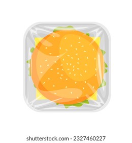 Hamburger in a plastic container or tray with cellophane cover. Burger top view. Fast food or junkfood meal. Vector illustration.