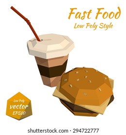 Hamburger and a plastic cup of coffee and a straw on a white background. Vector illustration