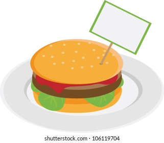 Hamburger with plate and empty price tag sign. Vector illustration