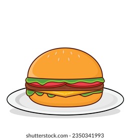 Hamburguesa en un vector de placa. Caricatura de Hamburger. Burger. Burger de queso 