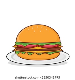 Hamburguesa en un vector de placa. Caricatura de Hamburger. Burger. Burger de queso 