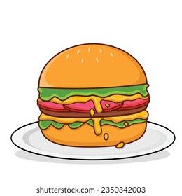 Hamburger in a plate vector. Hamburger cartoon. Burger. Cheese burger 