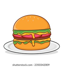 Hamburger in a plate vector. Hamburger cartoon. Burger. Cheese burger 
