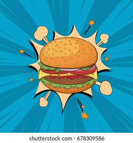 Hamburger pop art style comic background. Fast food restaurant business. Vector illustration.