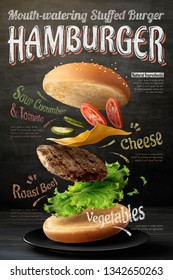 Hamburger Poster Design On Blackboard Background In 3d Illustration