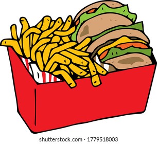 Hamburger and potato set illustrations