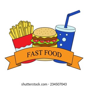 hamburger, potatoes, a glass of cola and ribbon 