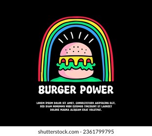 Hamburger and rainbow with burger power typography, illustration for logo, t-shirt, sticker, or apparel merchandise. With doodle, retro, groovy, and cartoon style.