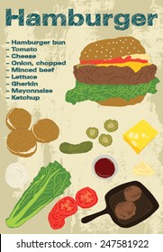 Hamburger recipe vector design with bun, tomato, cheese, onion, beef, lettuce, gherkin, mayonnaise, ketchup