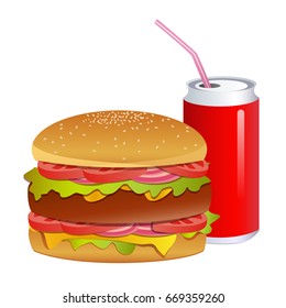 Hamburger and red can of soda with straw on isolated white background. Vector illustration.