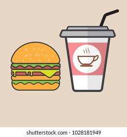 Hamburger and red paper cup coffee drink.