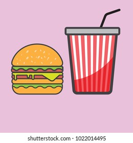 Hamburger and red paper cup drink.